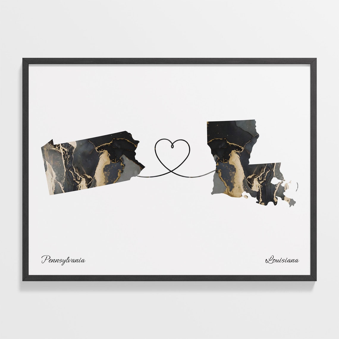 Pennsylvania Louisiana Marble Map Heart Long Distance Gift Poster