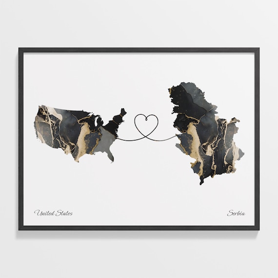 United States to Serbia Heart Connected Long Distance Marble Map Poster