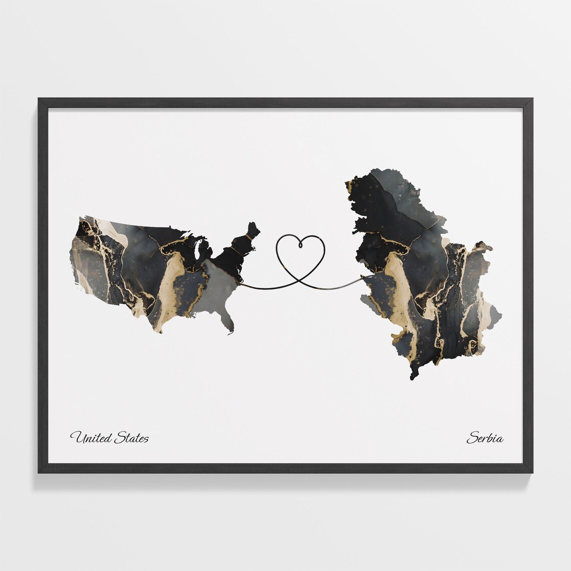 United States to Serbia Heart Connected Long Distance Marble Map Poster