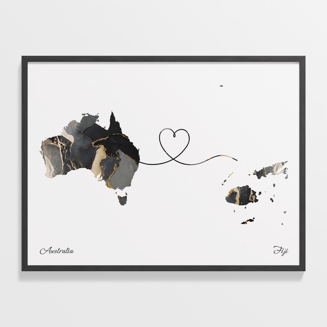 Australia and Fiji Two Countries Black Gold Marble Map Poster