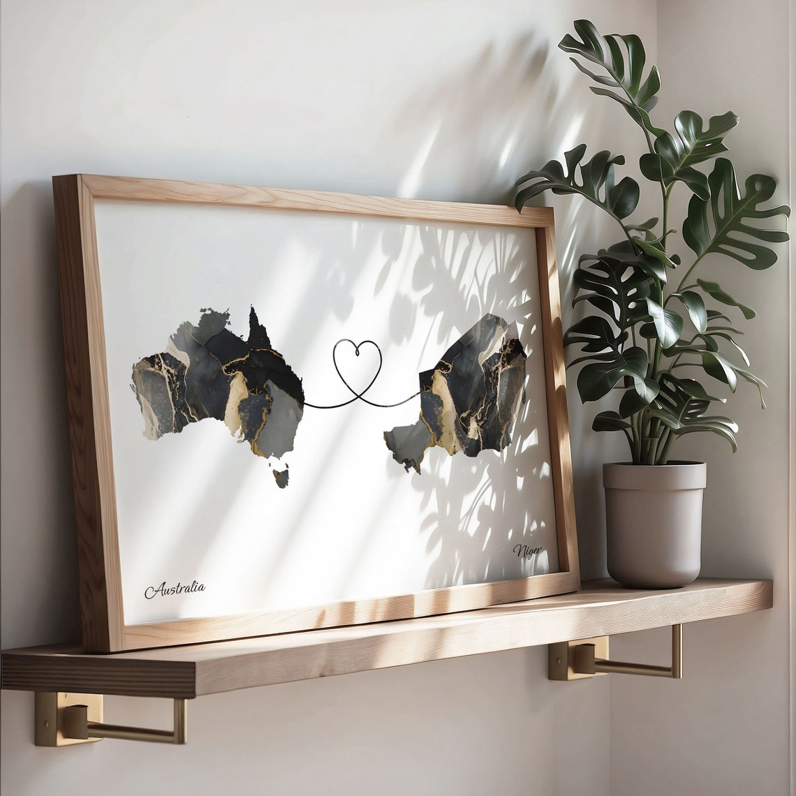 Australia Niger Long Distance Love Black Marble Heart Map Poster - Image 3