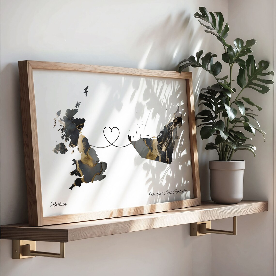 Britain and United Arab Emirates Heart Connection Black and Gold Marble Poster - Image 3