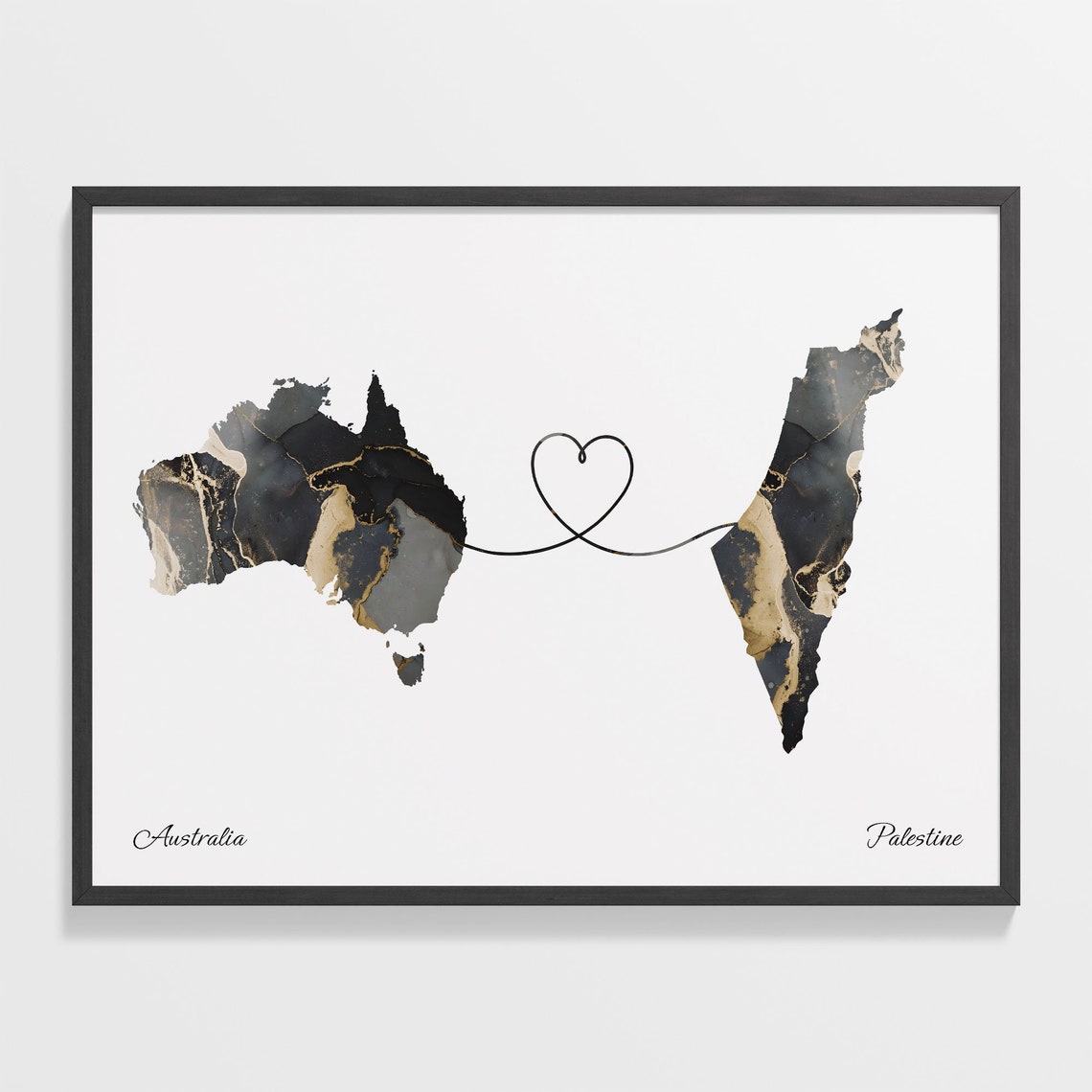 Australia and Palestine Black Gold Marble Map Heart Connection Poster