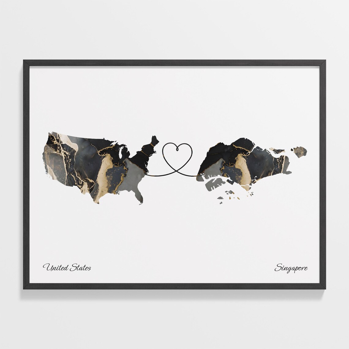 United States To Singapore Marble Map Heart Print Long Distance Gift