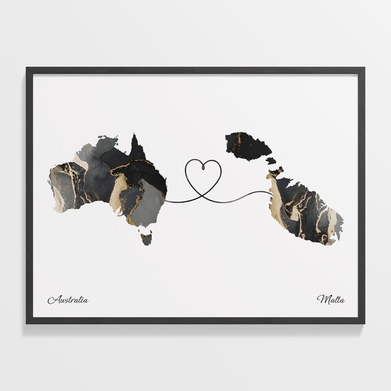 Australia Malta Long Distance Love Heart Marble Map Gift Poster