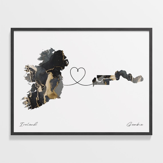 Ireland To Gambia Heart Connected Black Marble Country Map Poster