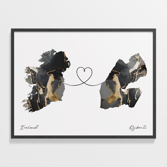 Ireland and Djibouti Black Gold Marble Map Heart Connection Poster