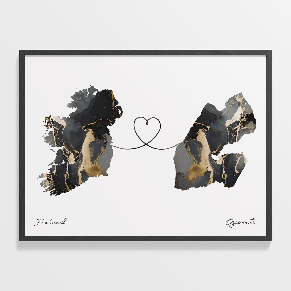 Ireland and Djibouti Black Gold Marble Map Heart Connection Poster