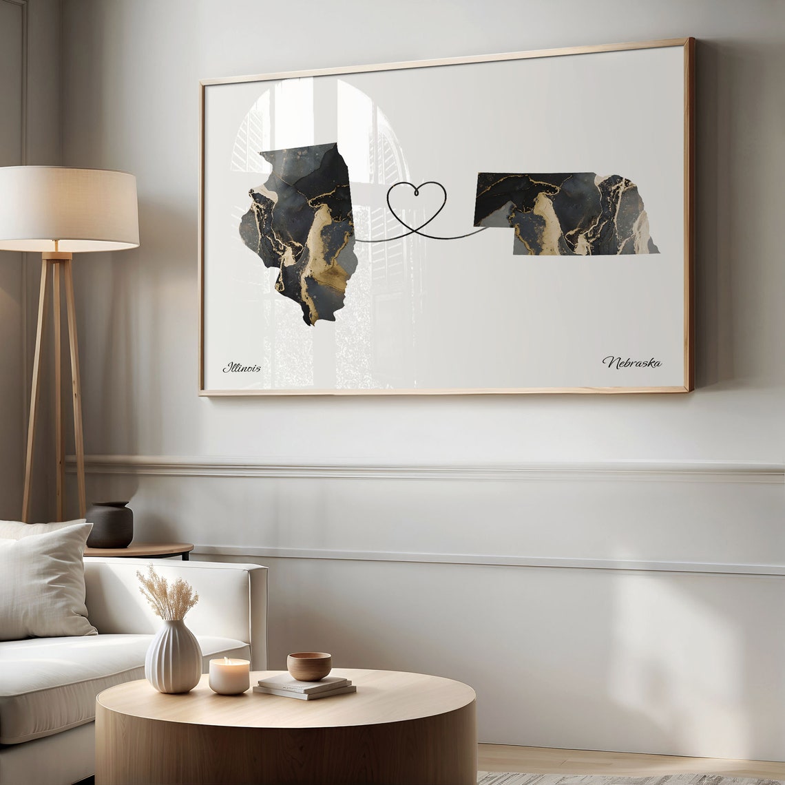 Illinois to Nebraska Long Distance Love Marble Map Art Poster - Image 2