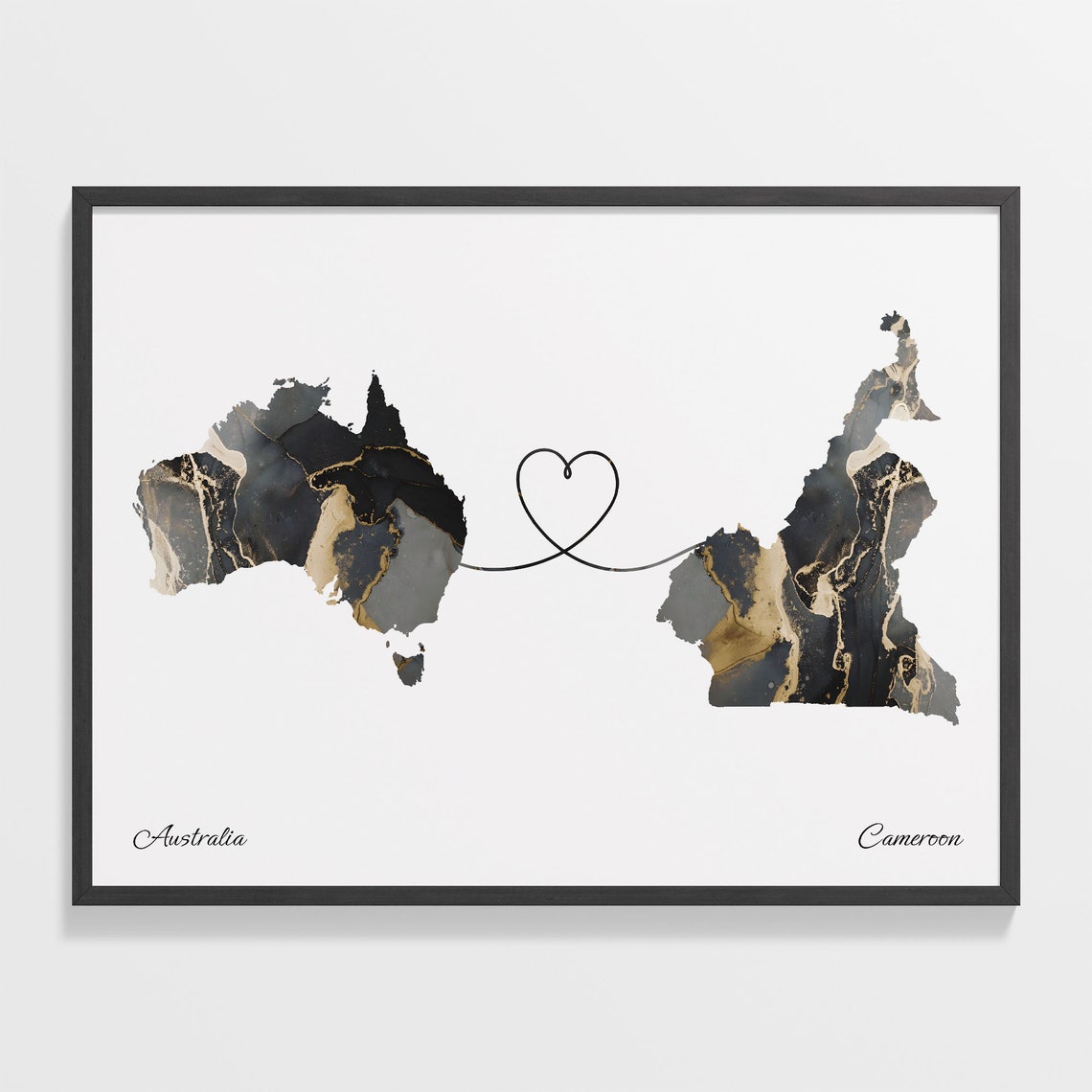 Australia To Cameroon Black Gold Marble Long Distance Heart Map Poster
