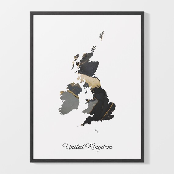 United Kingdom Country Map Black Gold Marble Beautiful Poster