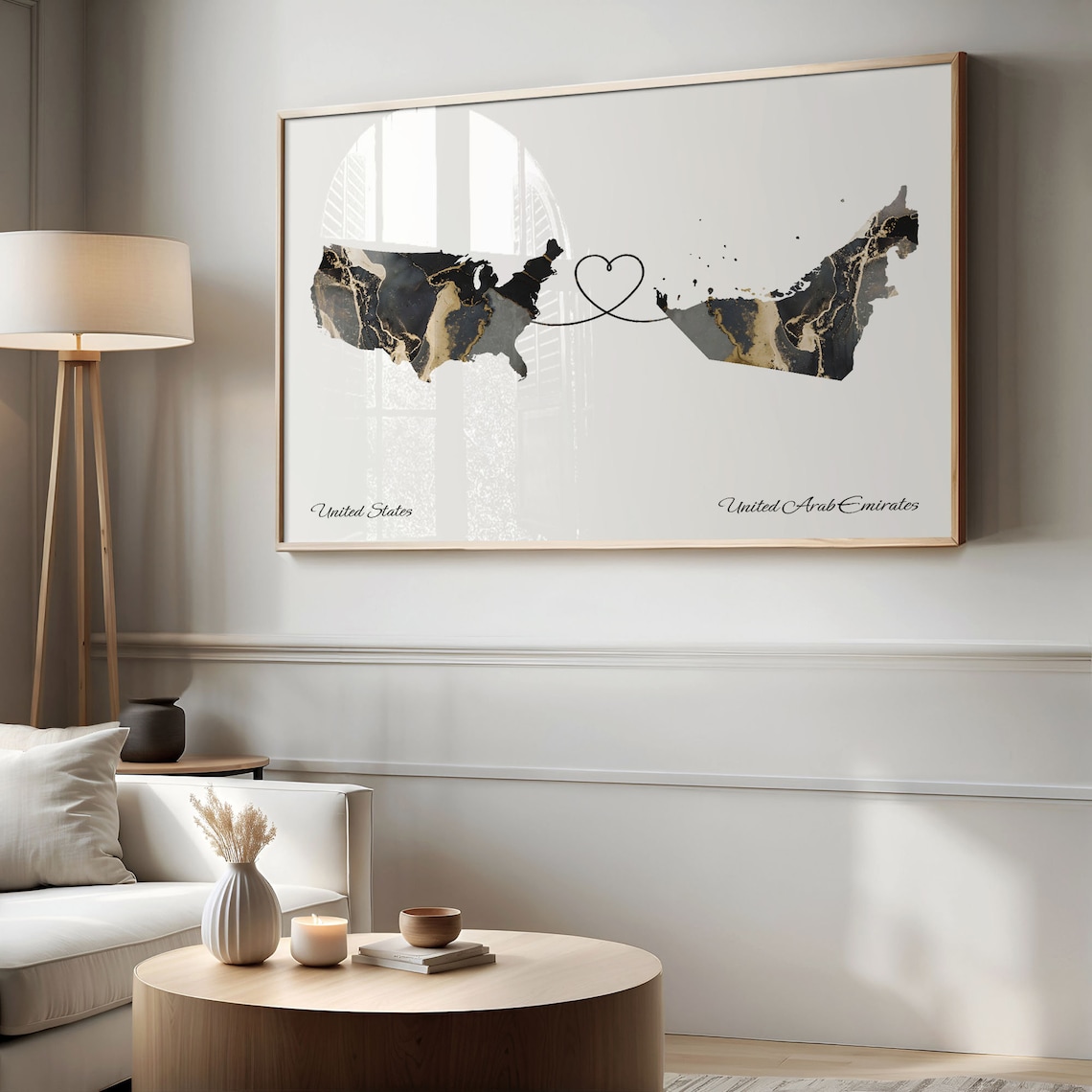 United States to United Arab Emirates Heart Connected Long Distance Marble Map Poster - Image 2