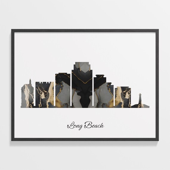 Long Beach Skyline Black and Gold Marble Cityscape Art Poster