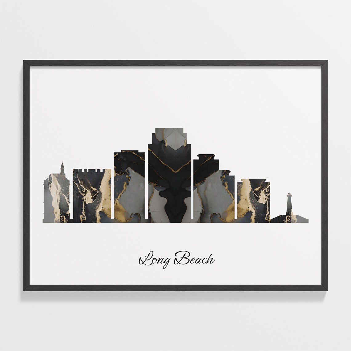 Long Beach Skyline Black and Gold Marble Cityscape Art Poster