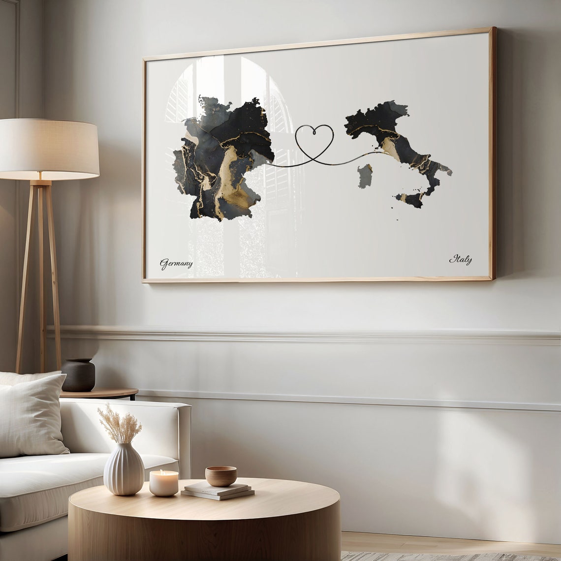 Germany Italy Black Gold Marble Map Art Heart Connection Poster - Image 2
