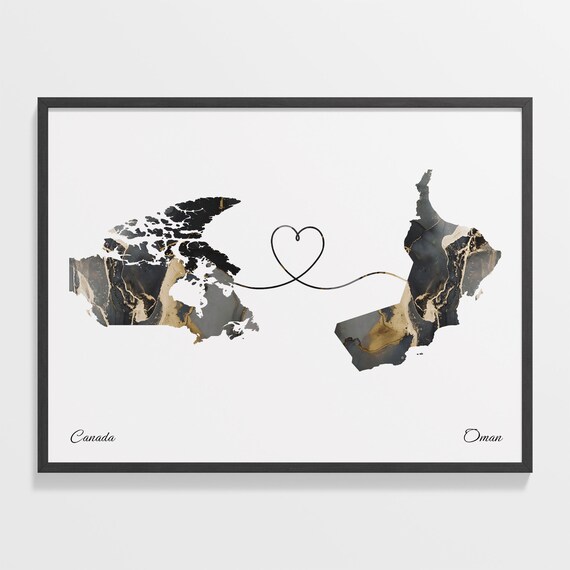 Canada to Oman Black Gold Marble Heart Connection Map Poster