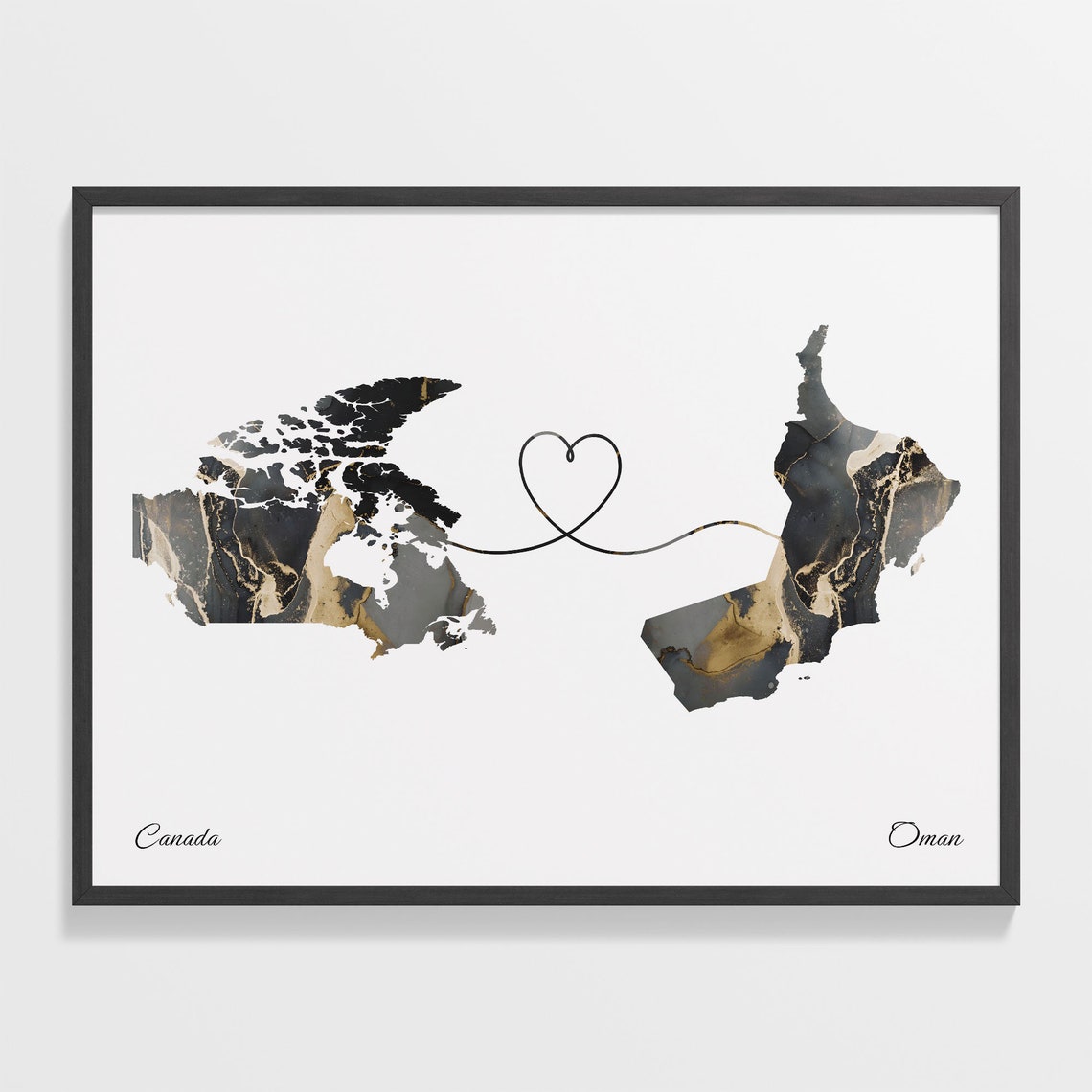 Canada to Oman Black Gold Marble Heart Connection Map Poster