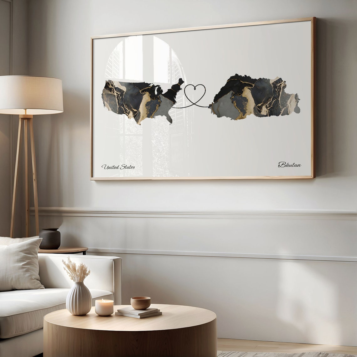 United States and Bhutan Marble Map Heart Long Distance Poster - Image 2
