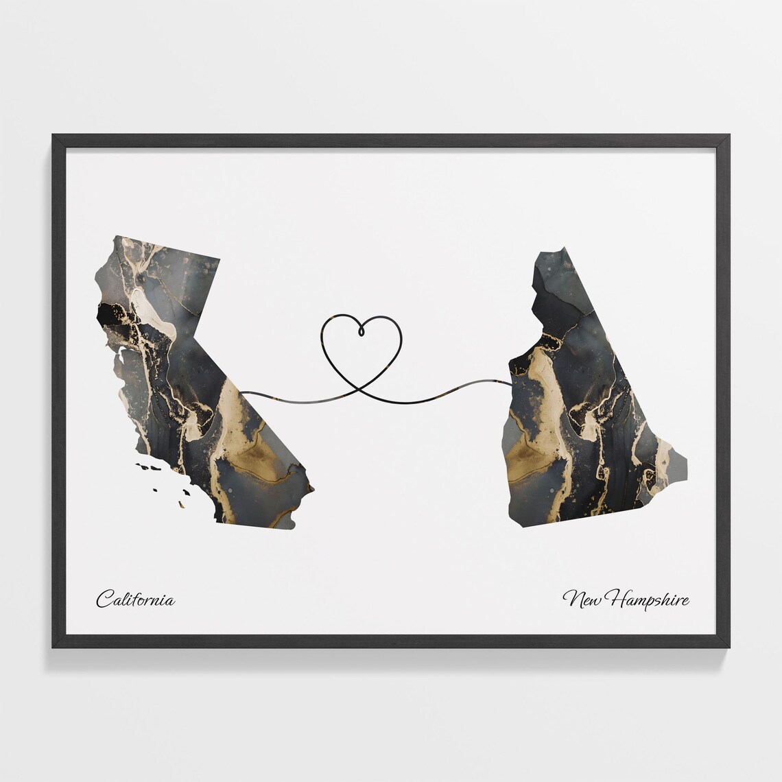California to New Hampshire Black Gold Marble Map Heart Line Art Poster