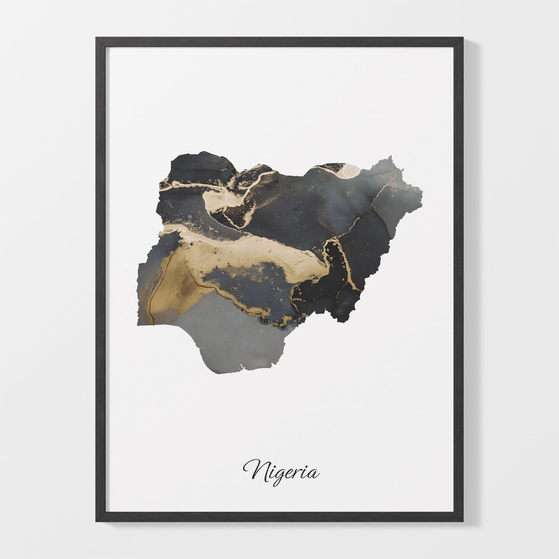 Nigeria Black Gold Marble Map Country Silhouette Connection Poster