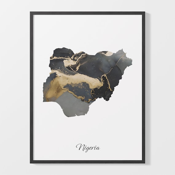 Nigeria Black Gold Marble Map Country Silhouette Connection Poster
