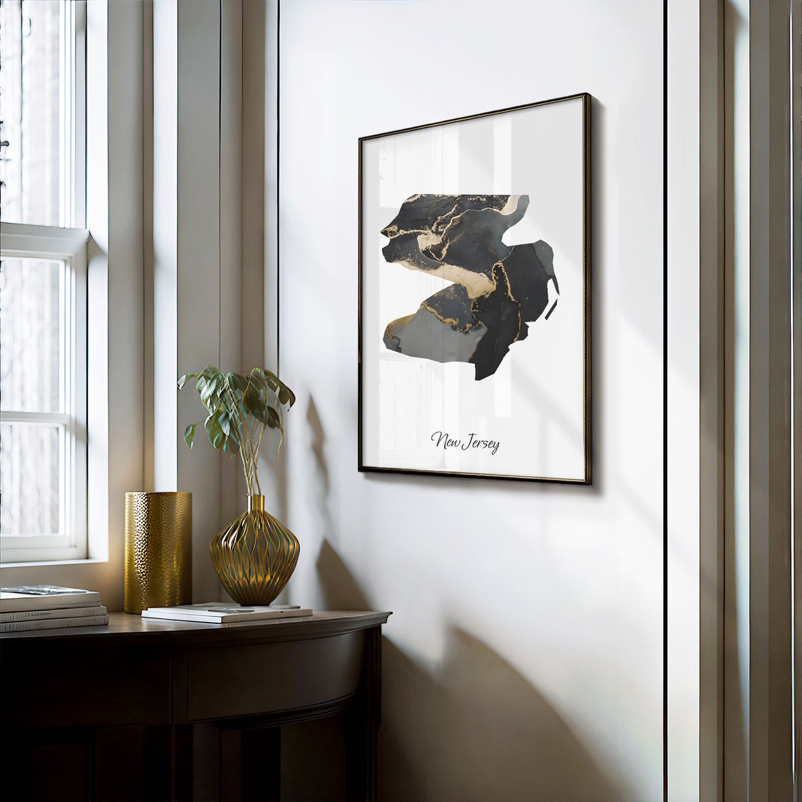 New Jersey State Map Black Gold Marble Elegant Wall Decor Poster - Image 3