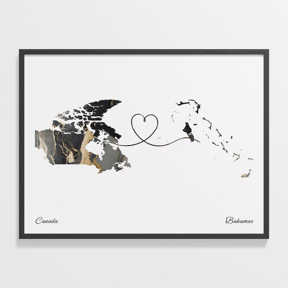 Canada to Bahamas Black Gold Marble Heart Connection Map Poster