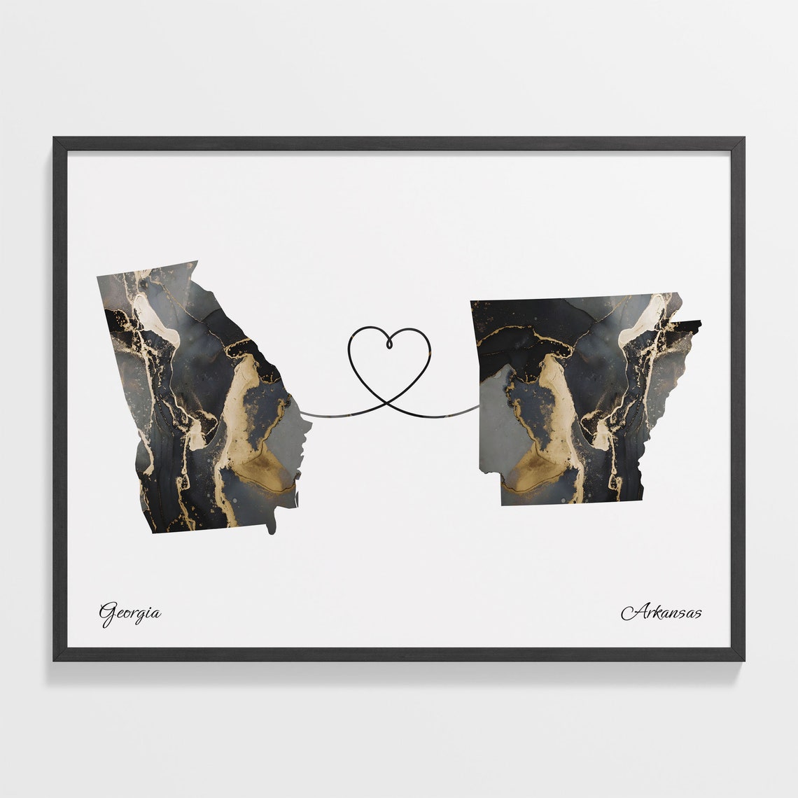 Georgia to Arkansas Two State Long Distance Heart Marble Map Poster