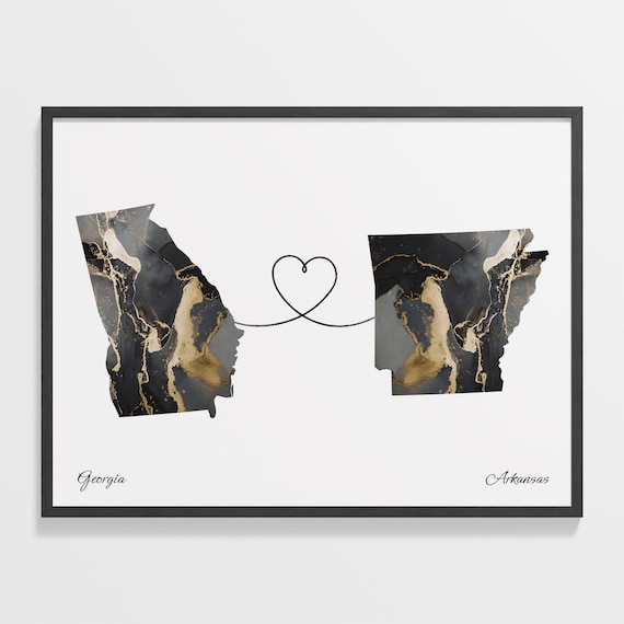 Georgia to Arkansas Two State Long Distance Heart Marble Map Poster