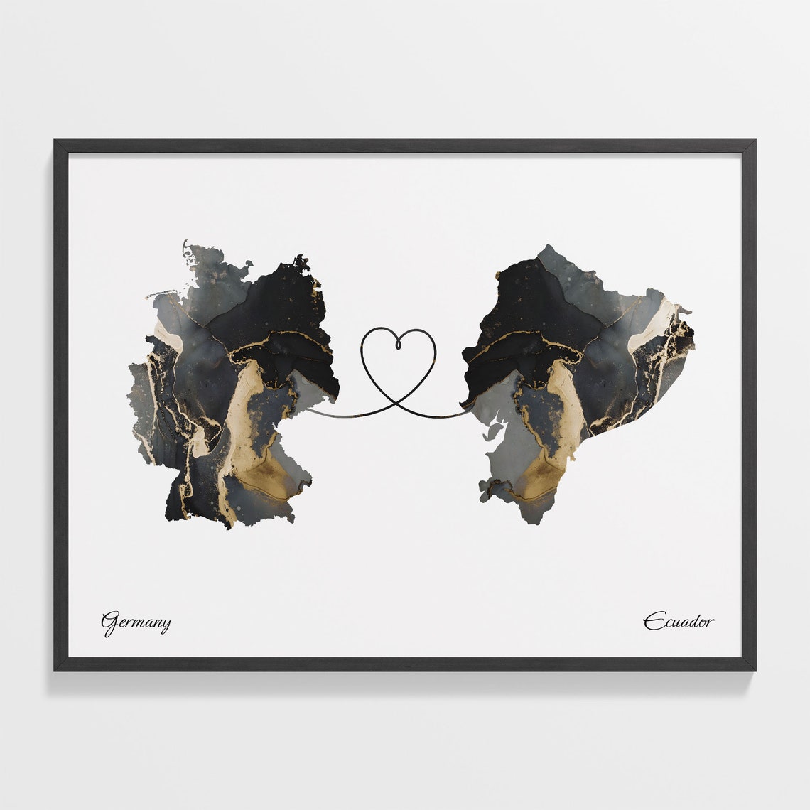 Germany and Ecuador Marble Heart Connected Countries Map Poster