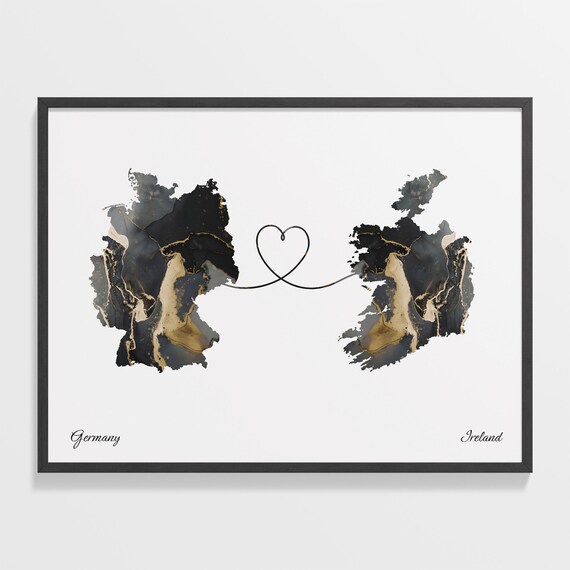 Germany to Ireland Marble Heart Map Print Long Distance Relationship Gift