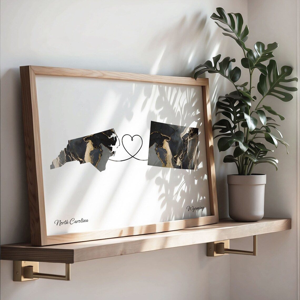North Carolina To Wyoming Marble Map Heart Poster Long Distance Love Gift - Image 3