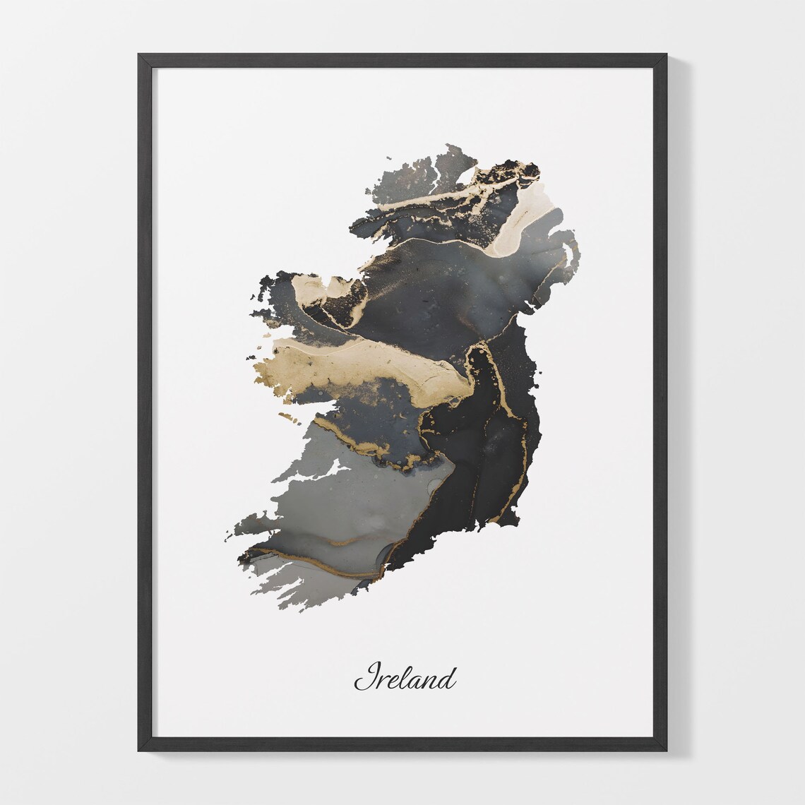 Ireland Black Gold Marble Country Map Poster Wall Decor Gift