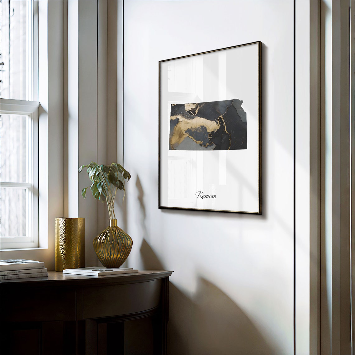 Kansas Black and Gold Marble Silhouette State Map Art Poster - Image 3