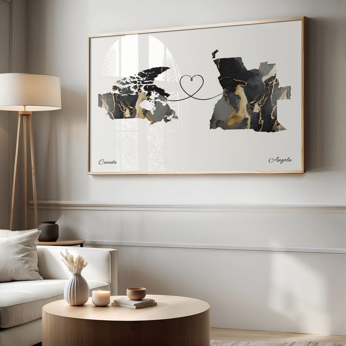 Canada To Angola Black Gold Marble Long Distance Heart Map Poster - Image 2