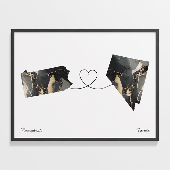 Pennsylvania to Nevada Long Distance Love Marble Map Art Poster