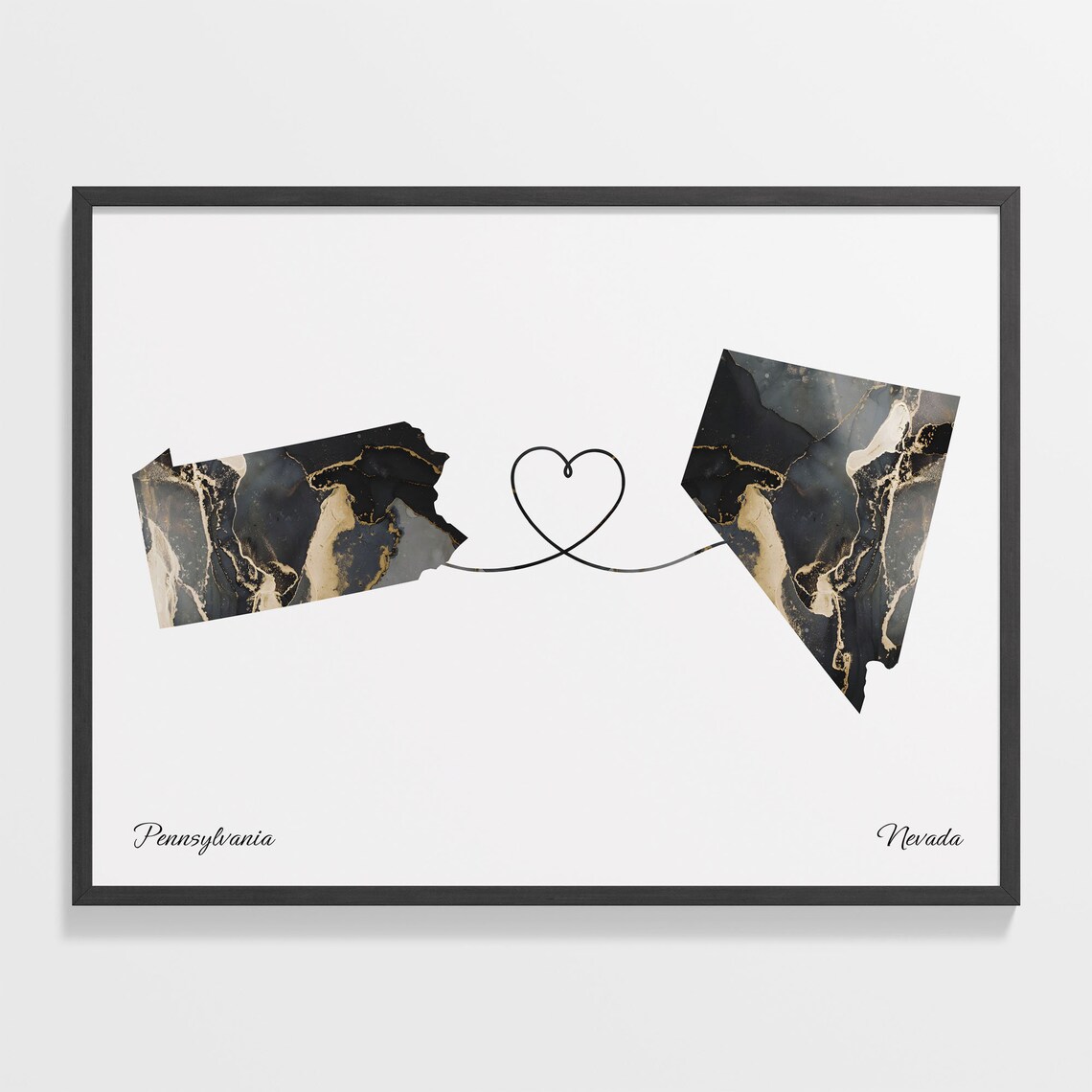 Pennsylvania to Nevada Long Distance Love Marble Map Art Poster