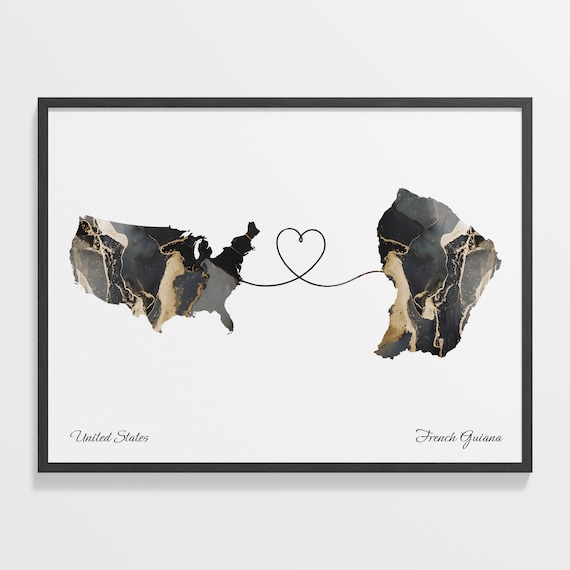 United States and French Guiana Marble Map Heart Long Distance Poster