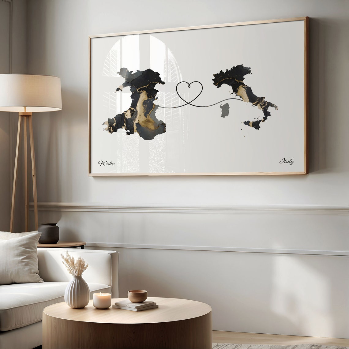 Wales Italy Long Distance Black Gold Marble Heart Map Poster - Image 2