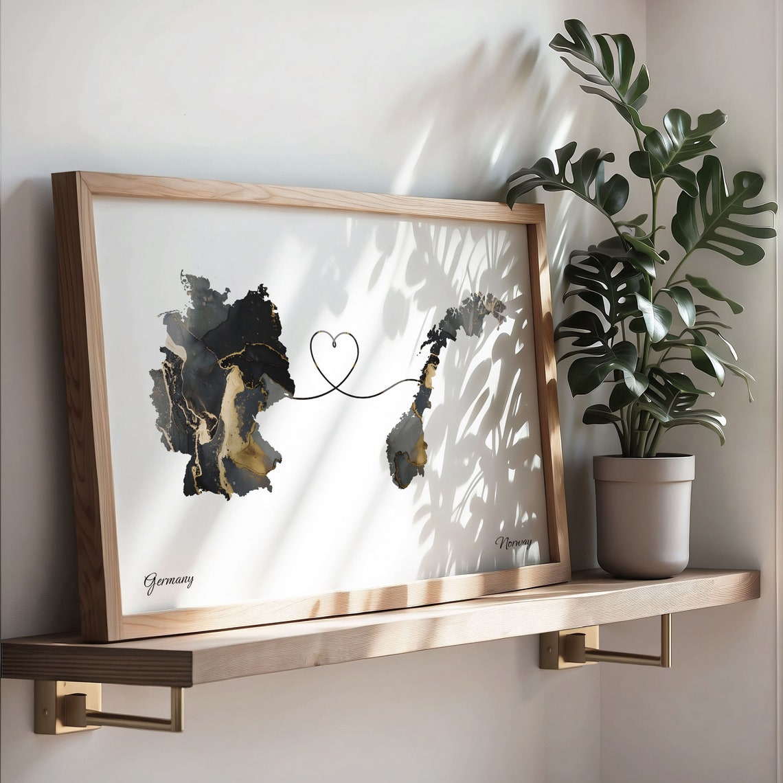 Germany Norway Black Gold Marble Map Art Heart Connection Poster - Image 3