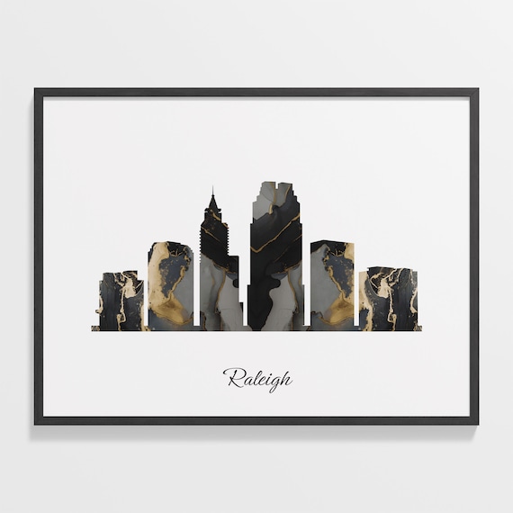 Raleigh USA Marble Skyline Black Gold Minimalist Cityscape Poster