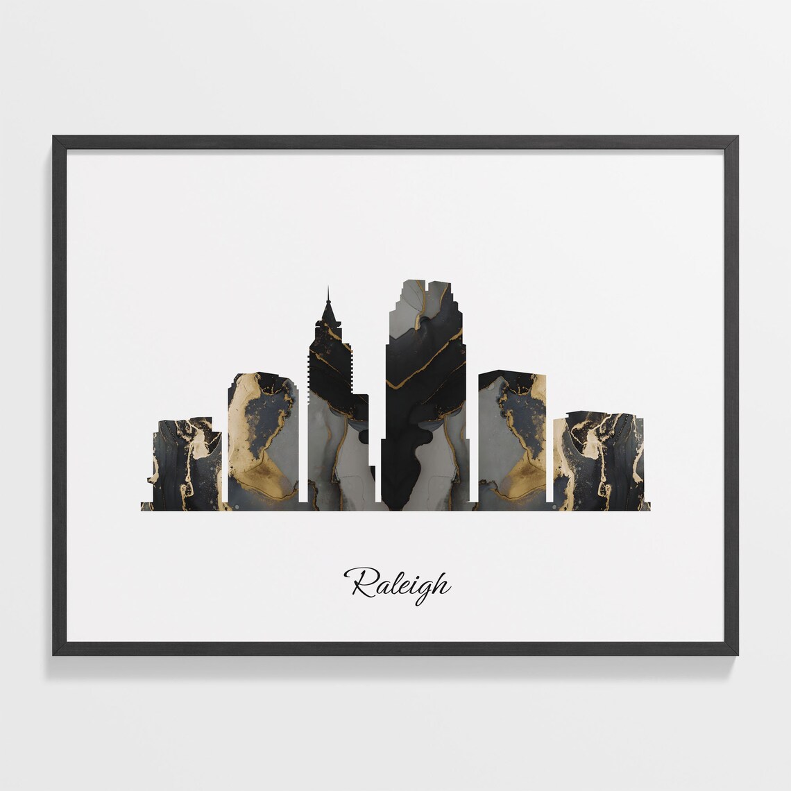 Raleigh USA Marble Skyline Black Gold Minimalist Cityscape Poster