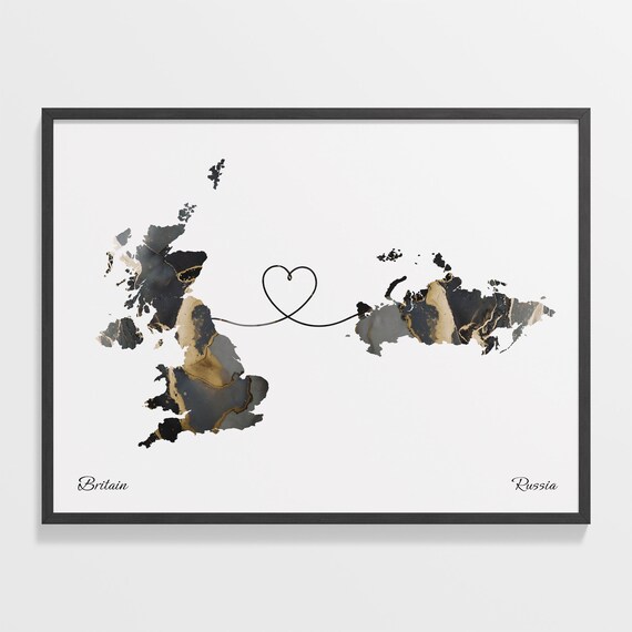 Britain and Russia Heart Connection Black and Gold Marble Poster