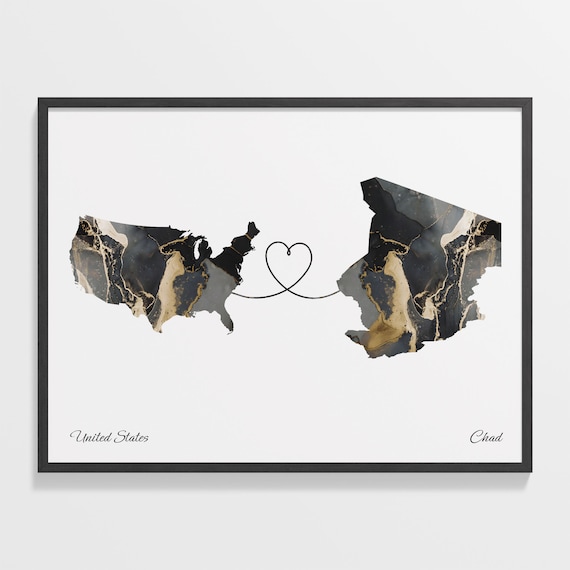 United States To Chad Marble Map Heart Poster Long Distance Love Gift