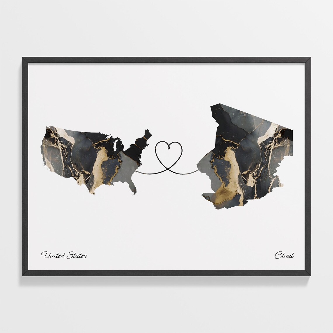 United States To Chad Marble Map Heart Poster Long Distance Love Gift