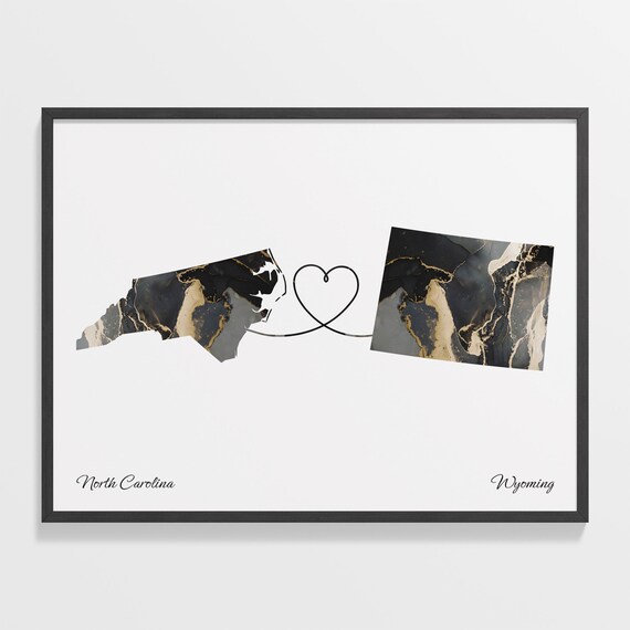 North Carolina To Wyoming Marble Map Heart Poster Long Distance Love Gift