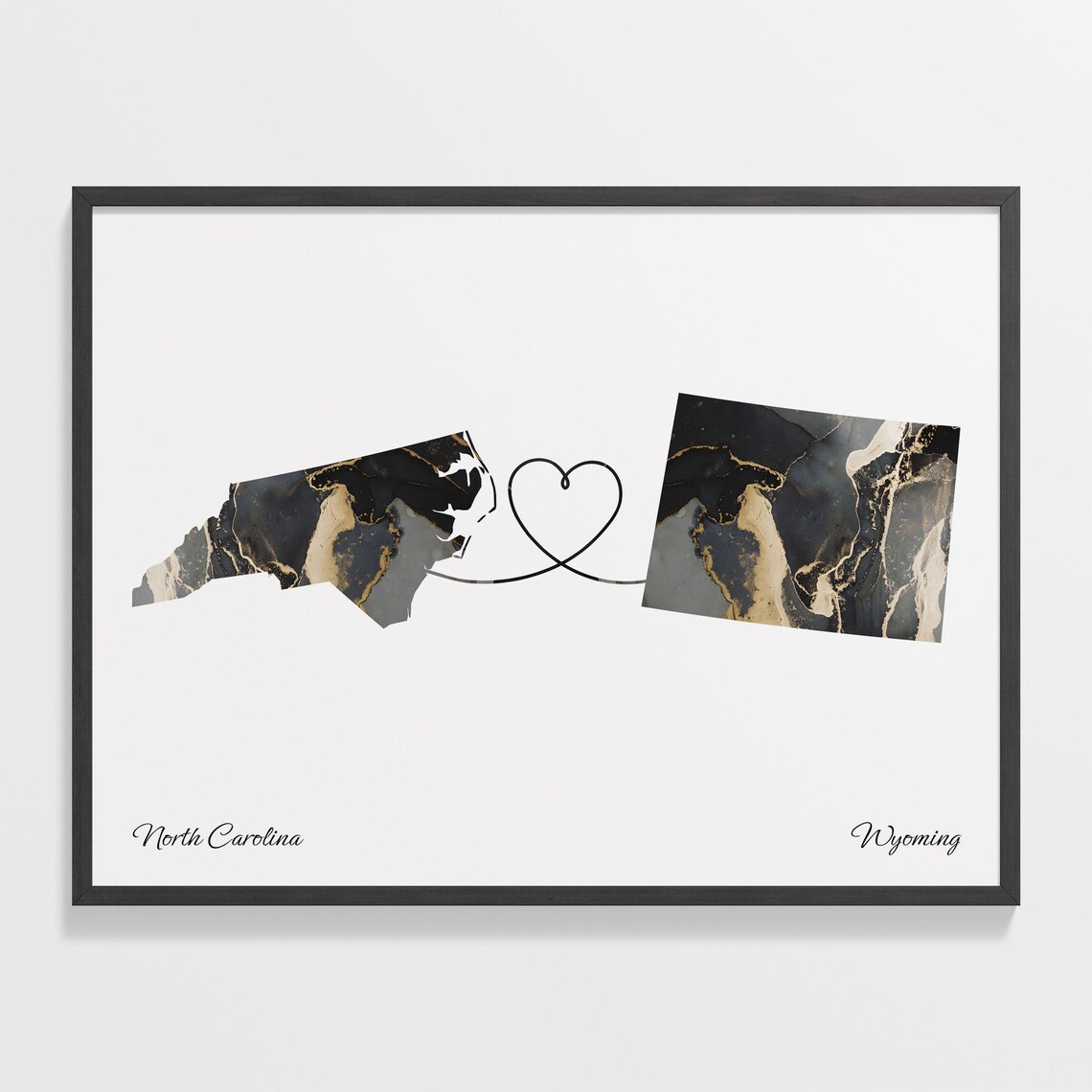 North Carolina To Wyoming Marble Map Heart Poster Long Distance Love Gift