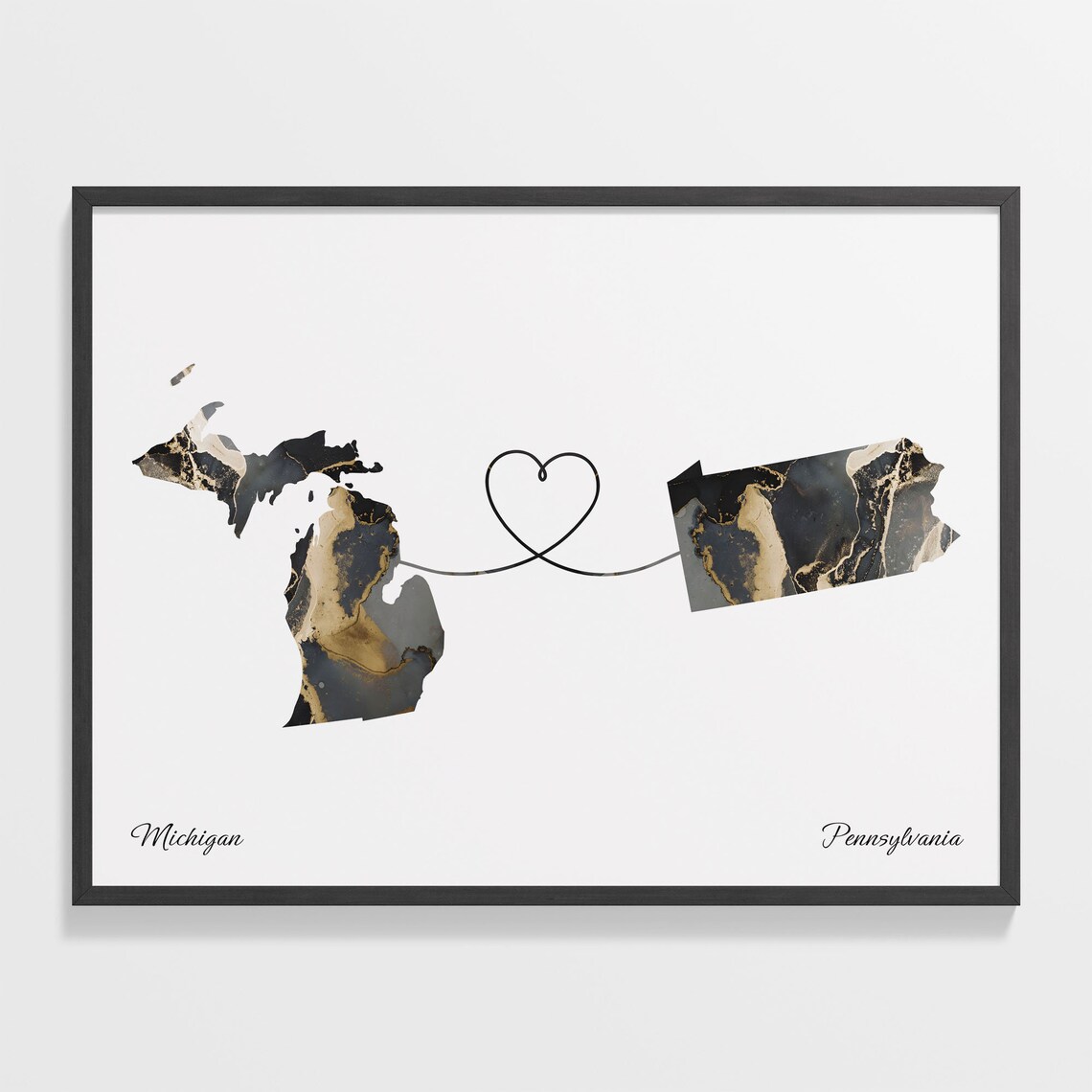 Michigan to Pennsylvania Black Marble State Map Long Distance Love Poster
