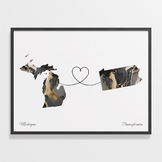 Michigan to Pennsylvania Black Marble State Map Long Distance Love Poster
