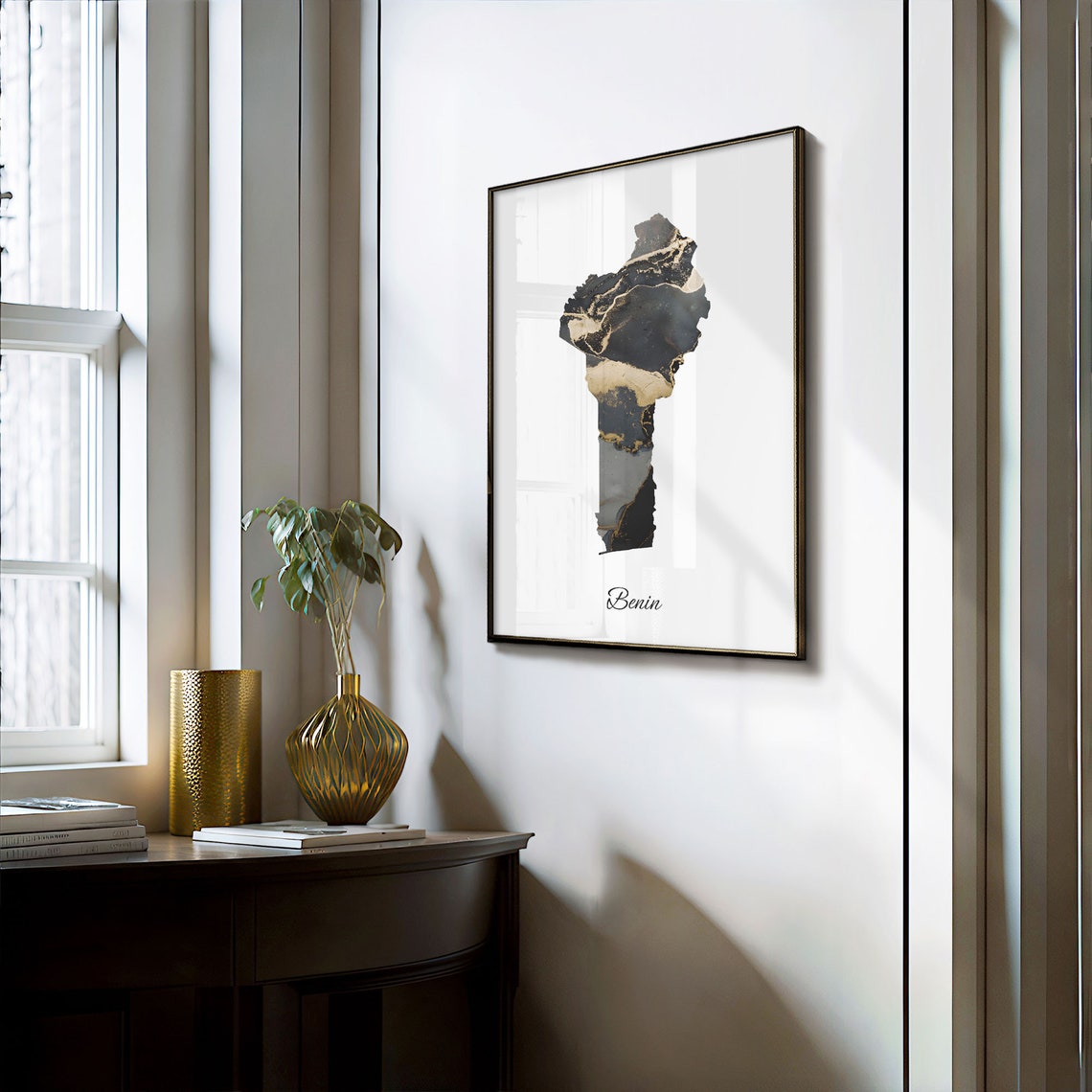 Benin Black and Gold Marble Silhouette Country Map Art Poster - Image 3